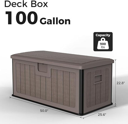 100 Gallon Deck Box, Double-Wall Construction Waterproof Outdoor Patio Storage Box, Lockable Deck Storage Bin Outdoor Storage Bench for Pool Patio Garden