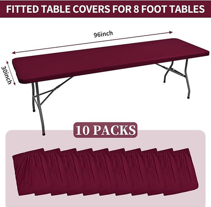 10 Pack Fitted Tablecloth for 8 Foot Rectangle Tables, Wine Red Elastic Outdoor Picnic Table Cover, Washable Stretch Folding Table Cloths 8 ft for Camping Party Patio Kitchen Banquet, 30" W x 96" L