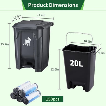 Pet Waste Container - 20L Outdoor Dog Poop Trash Bin with Removable Inner Bin, 150 Waste Bags for Small/Large Dog Families
