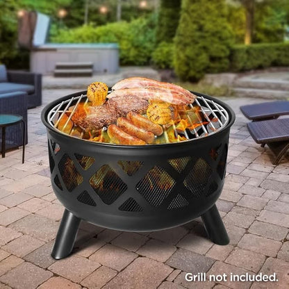 Red Mountain Valley 24'' Outdoor Wood Burning Fire Pit with Spark Screen, Fire Poker, Cover, 2-in-1 Functionality Cross-Woven Steel Fire Pits for Outside, Outdoor Fireplace for Camping,Patio,Backyard
