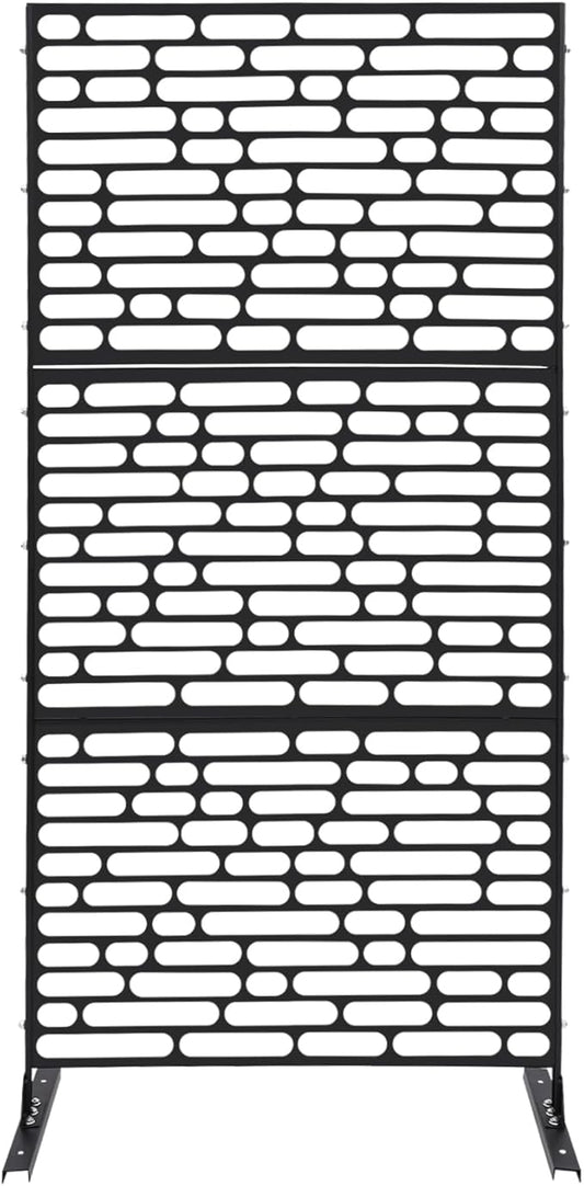 75" H×35" W Decorative Outdoor Privacy Screen with Stand, Outdoor Decor Privacy Fence Screen Metal Fence Panels, Free Standing Metal Divider for Patio Lawn Deck (Black-Oval)