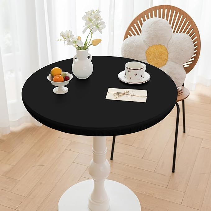 Round Fitted PU Tablecloth with High Elastic Edge 63 Inch Dia Waterproof Oil Proof Table Cloth Anti-Scald Stain-Resistant Wipeable Table Cover for Indoor Outdoor Picnic (Black,63" Dia)