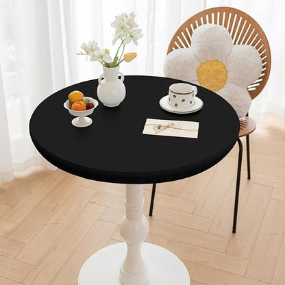 Round Fitted PU Tablecloth with High Elastic Edge 55 Inch Dia Waterproof Oil Proof Table Cloth Anti-Scald Stain-Resistant Wipeable Table Cover for Indoor Outdoor Picnic (Black,55" Dia)