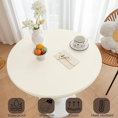 Round Fitted PU Tablecloth with High Elastic Edge 63 Inch Dia Waterproof Oil Proof Table Cloth Anti-Scald Stain-Resistant Wipeable Table Cover for Indoor Outdoor Picnic (Cream,63" Dia)