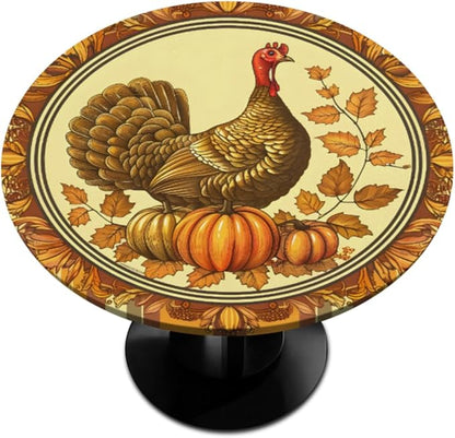 Thanksgiving Vintage Turkey Round Table Cloth Cover, Elastic Edge Waterproof Wipeable Tablecloths 36"-42" Polyester Tablecloth for Party Restaurant Banquet Holiday Camping Outdoor Picnic