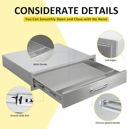 Outdoor Kitchen Drawers 30" W x 6.5" H x 23" D Flush Mount BBQ Single Drawers with Divider,Built-in Stainless Steel Drawer with Chrome Handle for Outdoor Kitchen Island Patio Grill Station