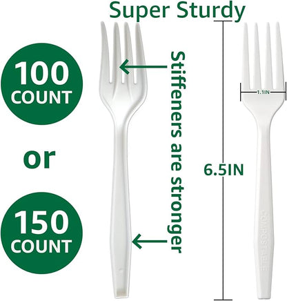 100% Compostable No Plastic Knives Forks Spoons Utensils, The Heavyweight Heavy Duty Flatware is Eco Friendly Products for Lounge Party Wedding BBQ Picnic Camping.