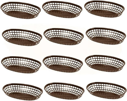 TrueCraftware- 9-3/8" Oval Fast Food Basket Brown Plastic Set of 12- Fry Fast Food Reusable Foodservice Restaurant Diner Tray Plates Restaurant Deli Serving Chicken Burgers Sandwiches & Fries