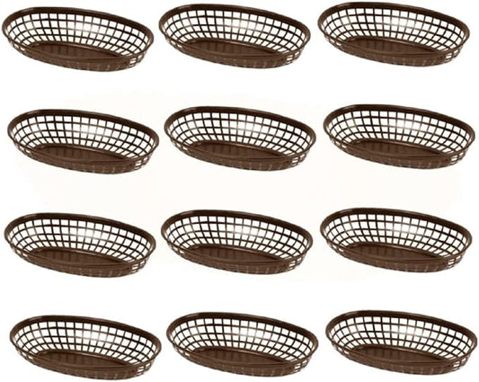 TrueCraftware- 9-3/8" Oval Fast Food Basket Brown Plastic Set of 12- Fry Fast Food Reusable Foodservice Restaurant Diner Tray Plates Restaurant Deli Serving Chicken Burgers Sandwiches & Fries