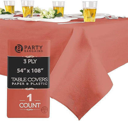 PARTY BARGAINS Disposable Table Covers - 54" X 108" [1 Count] Red Table Cover, 3 Ply Paper & Plastic Tablecloth