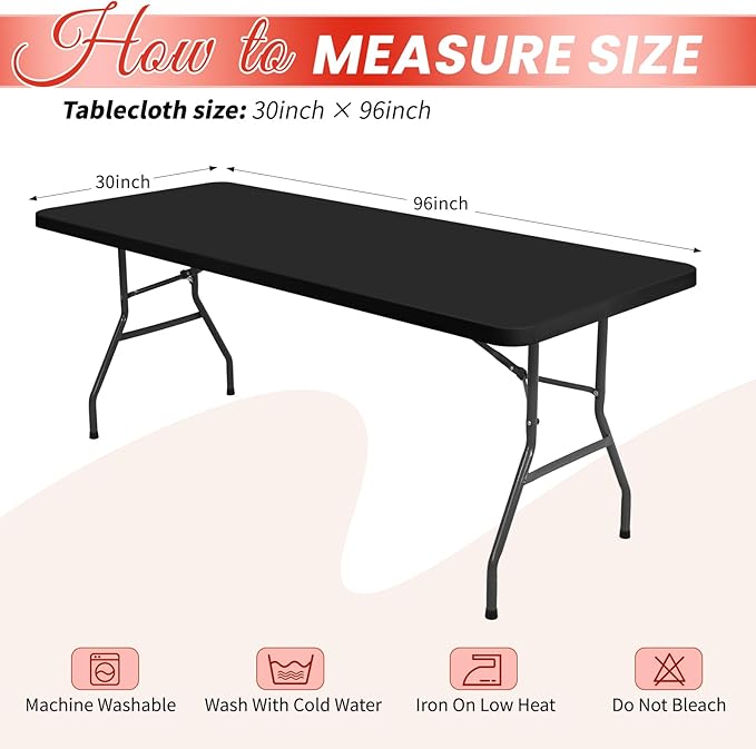 6 Pack Stretch Fabric Table Top Cap Cover, fits 8Ft Tables, Spandex Table Covers Washable Elastic Universal Rectangle Tablecloth Protector for Indoor Outdoor Party Picnic Wedding, Black, 30" W x 96" L