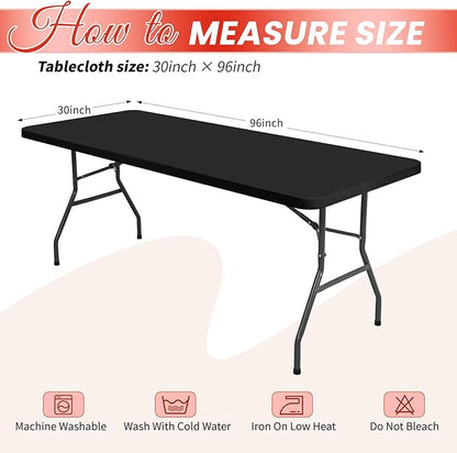 6 Pack Stretch Fabric Table Top Cap Cover, fits 8Ft Tables, Spandex Table Covers Washable Elastic Universal Rectangle Tablecloth Protector for Indoor Outdoor Party Picnic Wedding, Black, 30" W x 96" L