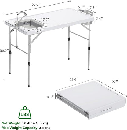 Allpop Fold-in-Half Fish Cleaning Table with Sink & Carrying Bag, 50'' Portable Folding Camping Fish Station with Drainage Hose, Faucet, Sprayer, Storage Box & Grooves for Picnic, White