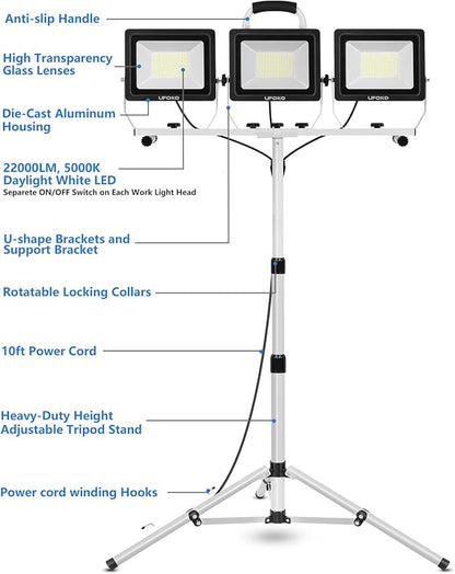 UFOND 22000 Lumen LED Work Light with Stand,3 Head Portable Work Lights with Individual Switch,Waterproof Work Lamp, Adjustable Metal Telescoping Tripod with Power Cord