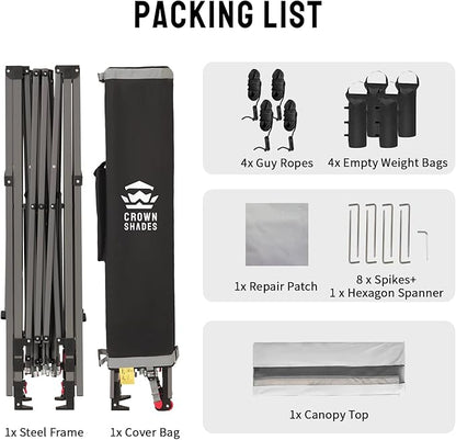 CROWN SHADES 10x10 Pop up Canopy Tent Patended Centerlock Instant Commercial Canopy with 150D Silver Coated Fabric Including 2 Extend Awnings, 4 Ropes, 8 Stakes, 4 Weight Bags (White, 10x14)