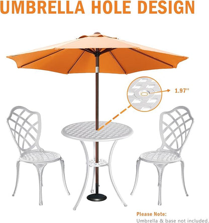 3 Piece Patio Bistro Set, Outdoor Bistro Table and Chairs Set of 2 w/Umbrella Hole, Rust-Resistant Cast Aluminum Bistro Set for Garden/Balcony/Backyard, White