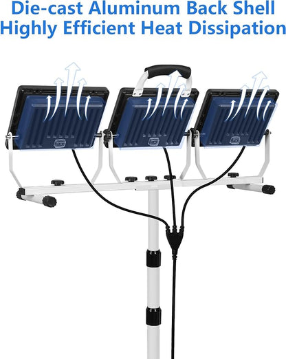 UFOND 22000 Lumen LED Work Light with Stand,3 Head Portable Work Lights with Individual Switch,Waterproof Work Lamp, Adjustable Metal Telescoping Tripod with Power Cord