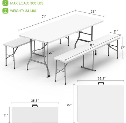 HLPB Folding Table Picnic Table Set, 6 ft Camping Table with 2 Benches, Outdoor Indoor Portable Folding Furniture for Working Meeting Party, Camping, Picnic, Weddings w/Handle and Safety Locks, White