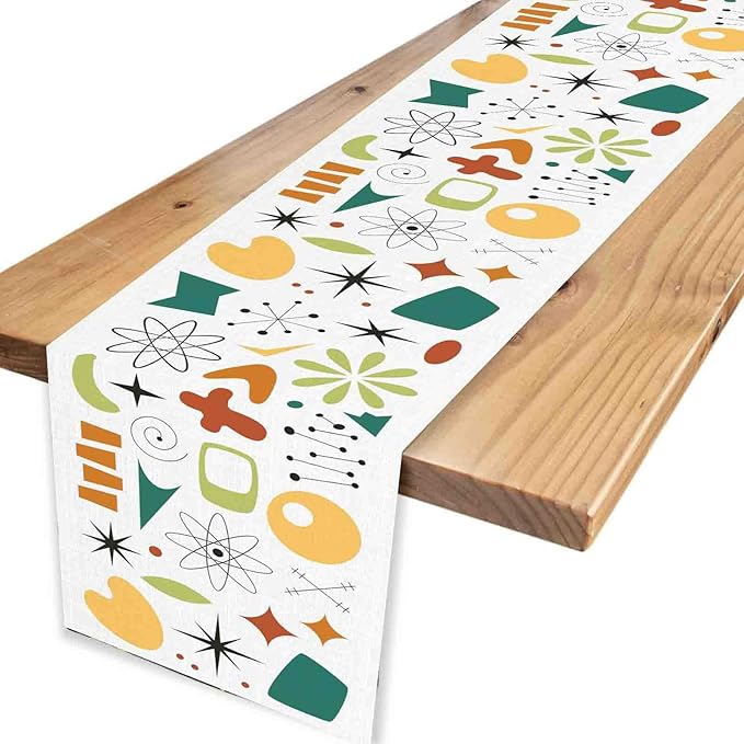 Mid Century Table Runner, Retro 1950s Atomic Pattern Modern Abstract Geometric Coffee Table Center Decor for Home Kitchen Dining Patio Holiday Party Indoor Outdoor Table Decorations, 13"x108" Inch