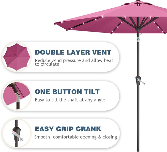9FT Patio Umbrella with Solar Lights, Outdoor Market Umbrella with Tilt and - Image 3