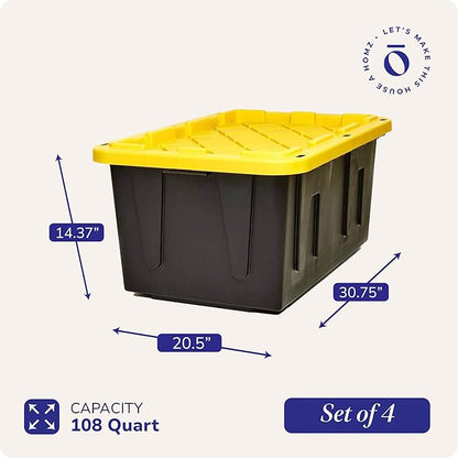 HOMZ 4-Pack Durabilt Tote, Heavy Duty Plastic Storage Bins with Lids, 27 Gallon, Black/Yellow - Stackable Organizing Containers for Home, Garage, and Office
