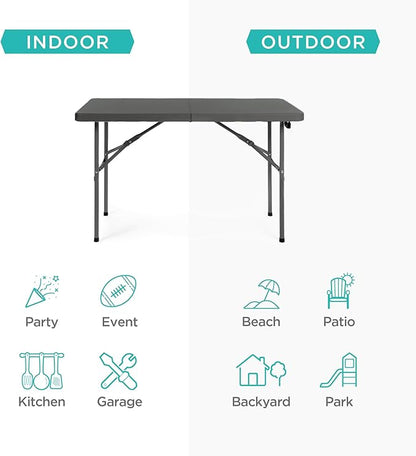 Best Choice Products 4ft Plastic Folding Table, Indoor Outdoor Heavy Duty Portable w/Handle, Lock for Picnic, Party, Camping - Dark Gray