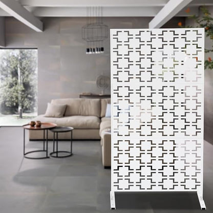 75" H×35" W Decorative Outdoor Privacy Screen with Stand, Outdoor Decor Privacy Fence Screen Metal Fence Panels, Free Standing Metal Divider for Patio Lawn Deck (White-Square)