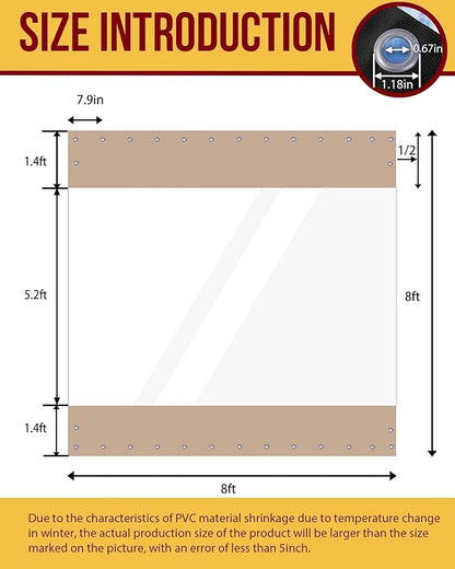 FoundGo 8'Hx8'W Outdoor Vinyl Curtains for Patio,19oz Clear Vinyl Patio Enclosure,Heavy Duty Clear Tarps Waterproof Vinyl Tarp with Grommets for Pergola, Porch,Gazebos,Balcony,-4℉ Cold Resistant