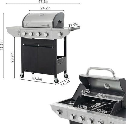 Endark BBQ Grill with 5-Burner Propane Gas Grill, Barbecue Grill 46500 BTU Stainless Steel with Side Burner, Porcelain Grates & Dual Shelves, Wheeled Portable for Backyard, Patio, Garden Cooking