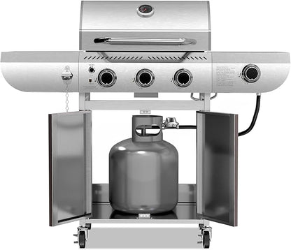 R.W.FLAME 3-Burner Propane Gas Grill With Sider Burner, Stainless Steel Propane Grill 34,000BTU, Multifunction & Protable Outdoor Barbecue Grill with Casters for Camping & Parties