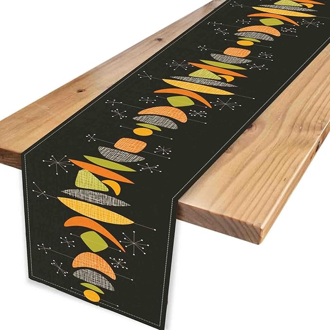 Mid Century Modern Table Runner, Retro 1950s Atomic Modern Abstract Black Orange Coffee Table Center Decor for Home Kitchen Dining Patio Holiday Party Table Decorations, 13"x108" Inch