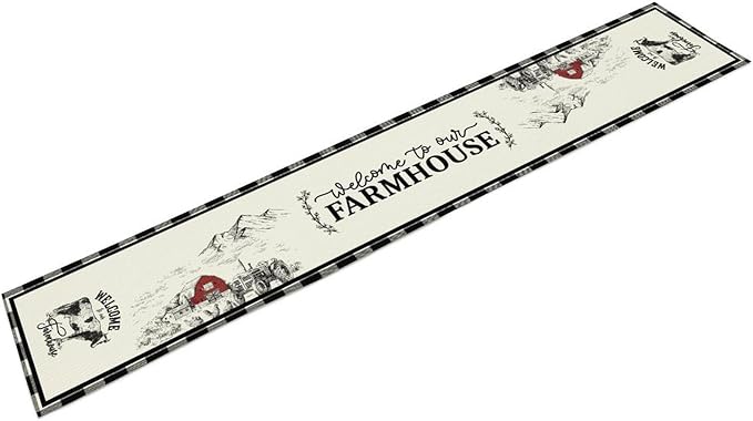 Farmhouse Table Runner, Rustic Country Barn Cottage Rooster Cow Check Animal Plank Coffee Table Center Decor for Home Kitchen Dining Patio Holiday Party Indoor Outdoor Table Decorations 13"x72"