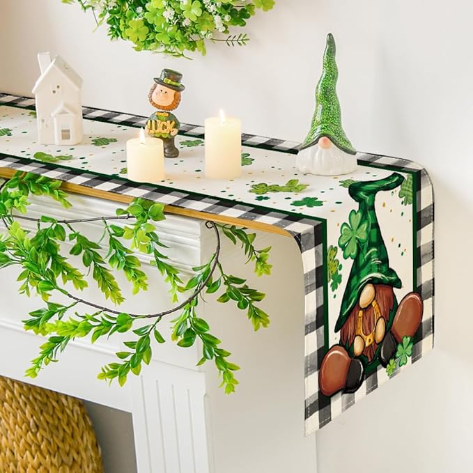 Artoid Mode Buffalo Plaid Shamrock Gnome St. Patrick's Day Table Runner, Seasonal Spring Holiday Kitchen Dining Table Decoration for Indoor Outdoor Home Party Decor 13 x 48 Inch