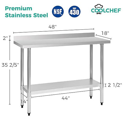 Stainless Steel Work Table 18 x 48 Inch, NSF Commercial Prep Table with Undershelf, Heavy Duty Food Prep Workstation with Backsplash