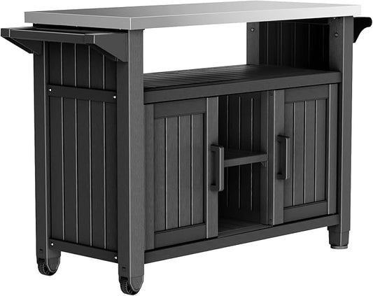 Portable Outdoor Prep Table with Stainless Steel Top – Rolling Storage Cabinet for Patio, BBQ, and Backyard Cooking (Black)