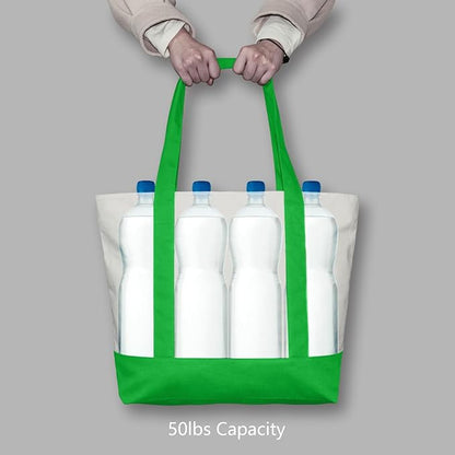 TOPDesign 6-Pack Canvas Tote Bags with an External Pocket, Reusable Grocery Shopping Bags, Top Zipper Closure, Daily Essentials (Lime Green/Natural)
