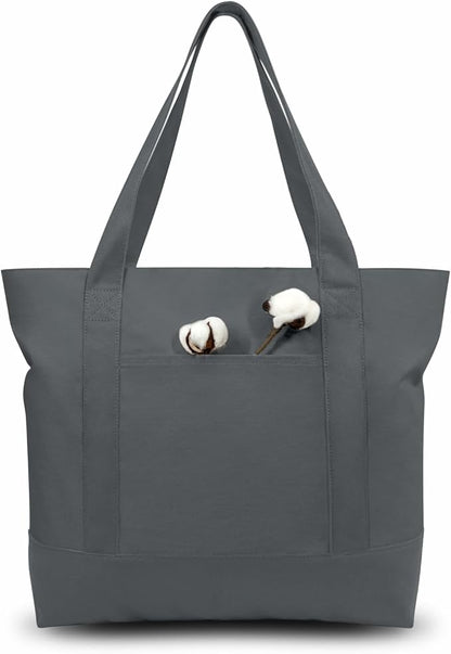 TOPDesign 6-Pack Canvas Tote Bags with an External Pocket, Reusable Grocery Shopping Bags, Top Zipper Closure, Daily Essentials (Grey)