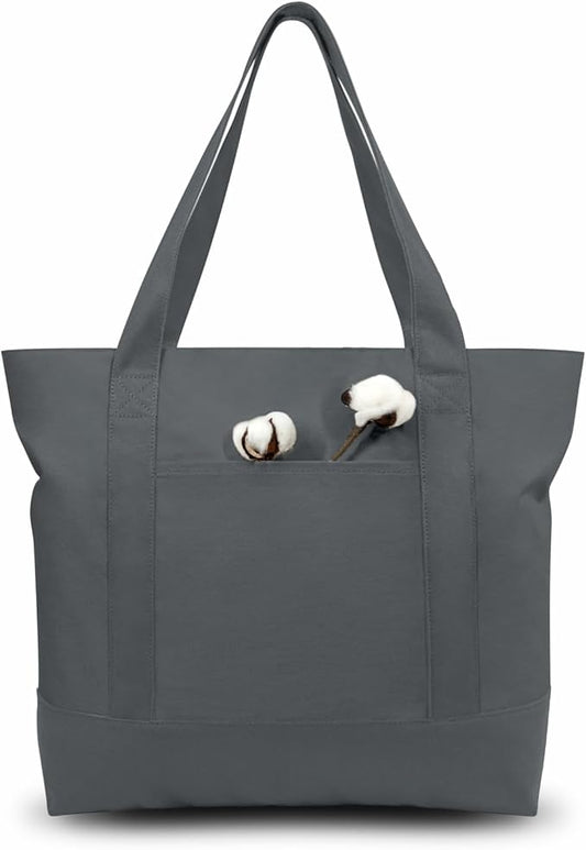 TOPDesign 6-Pack Canvas Tote Bags with an External Pocket, Reusable Grocery Shopping Bags, Top Zipper Closure, Daily Essentials (Grey)
