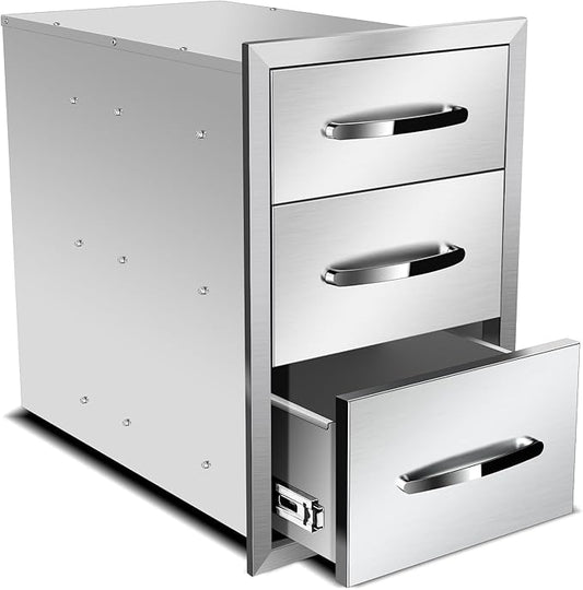 Outdoor Kitchen Drawers, Flush Mount Triple Access BBQ Drawers With Stainless Steel Handle, BBQ Island For BBQ Island Patio Grill Station,Three Drawers