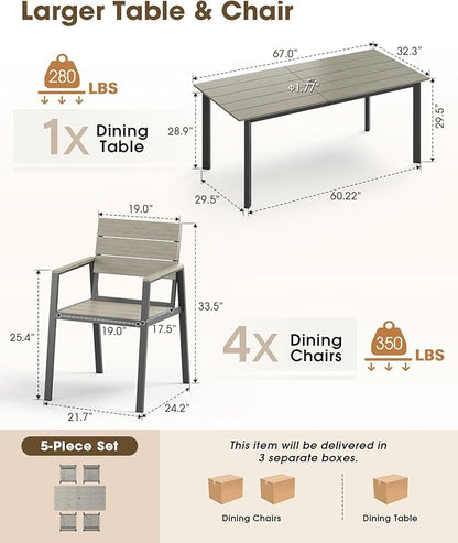 Outdoor Patio Dining set for 4，Aluminum & HDPS 5 Piece Patio Table and Chairs Set with Umbrella Hole, Modren Rectangular Patio Furniture Set with All-weather Table and 4 chairs (Classic Gray)