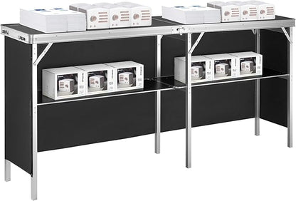 VEVOR Extra Long Folding Portable Bar Tradeshow Podium Table for Indoor, Outdoor, Party, Picnic, Exhibition, Includes Carrying Case, Storage Shelf and Black Skirt, 77.95" x 15.16" x 34.65"