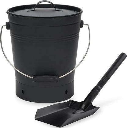 INNO STAGE Ash Bucket with Lid and Wood Handle Coal Shovel, Ash Carrier Pail Fireplace Tools,Fire Pit,Wood Burning Stove Black