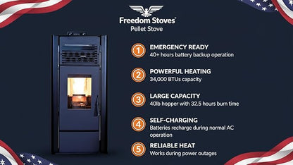 Freedom Stoves Pellet Stove: Independence PS21 Freestanding with Battery Backup and Wi-Fi, Heats 800–1800 Sq Ft, EPA Certified, 5 Year Warranty
