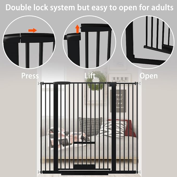 40.55" Tall 1.37" Ultra Narrow Spacing Dogs Pets Baby Gate with Door for Doorway Cat Safety Proof Indoor 57.68-73.43" Extra Wide Puppy Pressure Mounted No Drill White Black Metal Hallway
