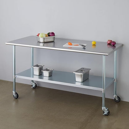 ROCKPOINT Stainless Steel Table for Prep & Work with Caster Wheels 30x72 Inches, NSF Metal Commercial Kitchen Heavy Duty Table with Adjustable Under Shelf and Table Foot for Restaurant, Home and Hotel
