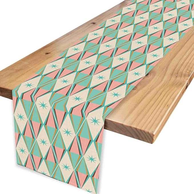 Geometric Table Runner, Retro Mid Century 1950s Modern Abstract Teal Pink Checkboard Coffee Table Center Decor for Home Kitchen Dining Patio Holiday Party Table Decorations, 13"x36" Inch