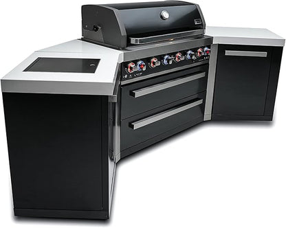 Mont Alpi MAi805-BSS45 44-inch 6-Burner 115000 BTU 45 Degree Black Stainless Steel Gas Outdoor Kitchen Bar Island Grill w/Infrared Side & Rear Burners + Granite Countertops + Storage Drawers