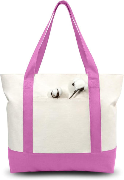 TOPDesign 1-Pack Canvas Tote Bag with an External Pocket, Reusable Grocery Shopping Bag, Top Zipper Closure, Daily Essentials (Light Purple/Natural)