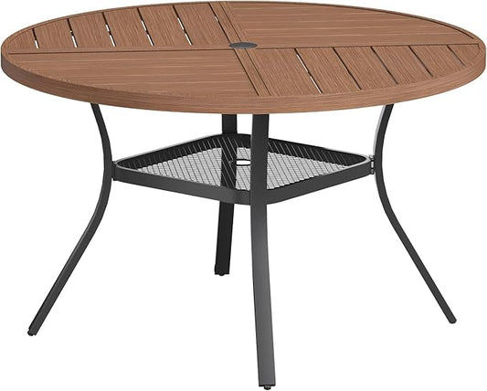 VICLLAX Round Patio Table with Adjustable Umbrella Hole for 4, All Weather Metal Outdoor Dining Table for Lawn Garden, 40.6" Outdoor Coffee Table, Walnut Wood-Like Tabletop