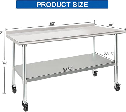 HARDURA Stainless Steel Table 30 x 60 Inches with Wheels Casters NSF Heavy Duty Commercial Prep Table with 2” Backsplash and Adjustable Undershelf for Restaurant Kitchen Home and Hotel